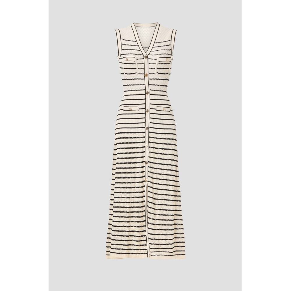 SANDRO White Black Stripes Sleevesless Metallic Buttons Molina Shirt Dress 36 - Picture 5 of 16